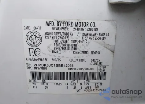 2011 Ford Edge Sel from USA, damaged, VIN 2FMDK3JC1BBB42036